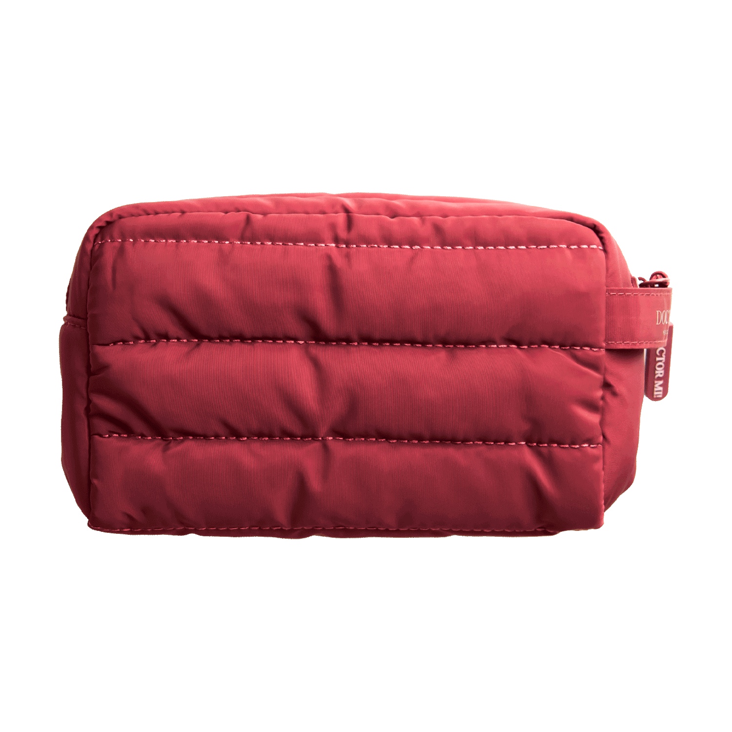 DOCTOR MI! BAG PUFFY RED praktische Kosmetiktasche in roter Steppoptik auf grauem Hintergrund