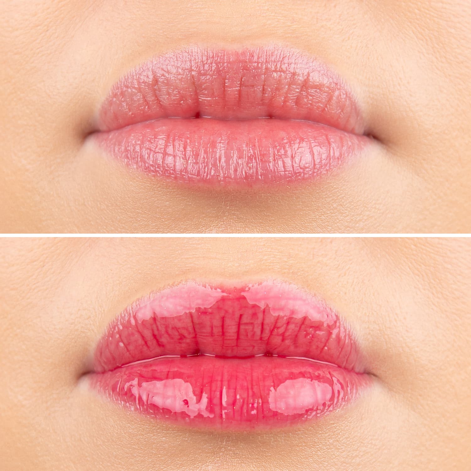 DOCTOR MI! PLUMPING LIP TINT innovative Lippenpflege mit einem Hauch von Farbe für eine gestärkte Hautbarriere vorher nachher Bilder mit zarten roten gepflegten Lippen für sofortigen Plumping-Effekt